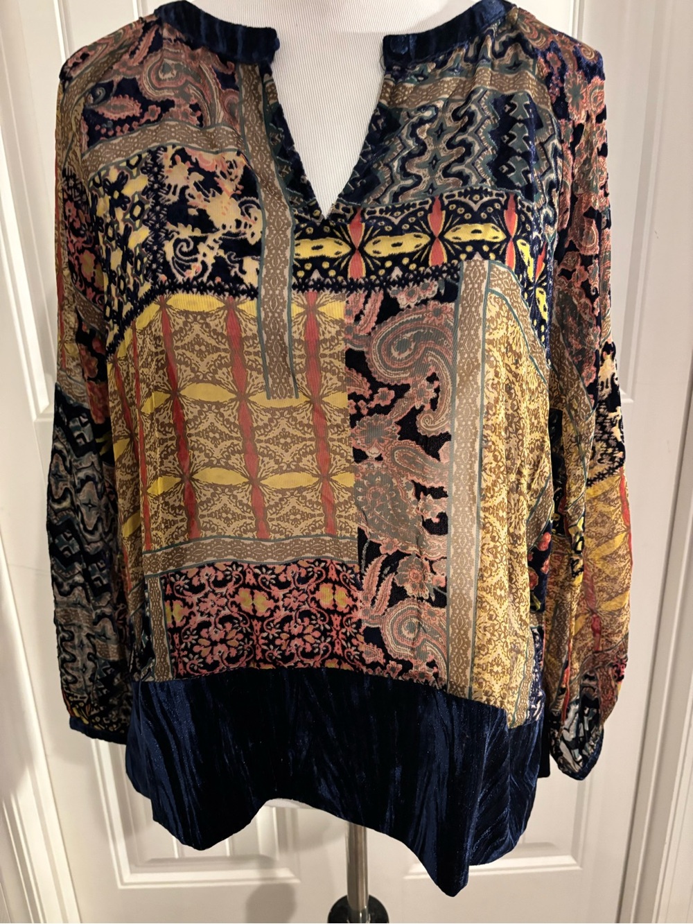 Boho Patchwork Velvet-Hem Blouse - Multicolor